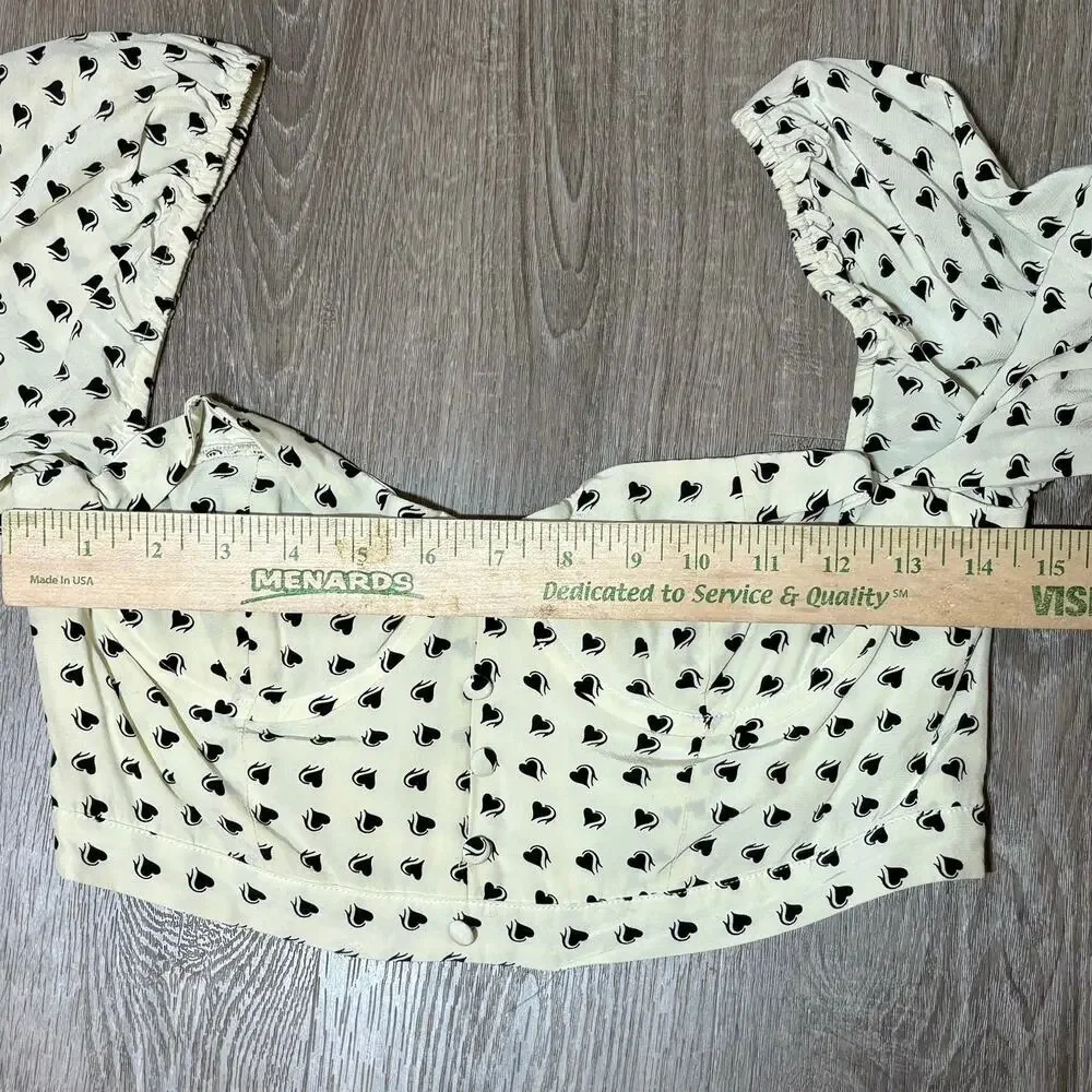 For Love & Lemons Sweetheart Crop Top Creme Heart Print Puff Sleeve Bustier Sz M
